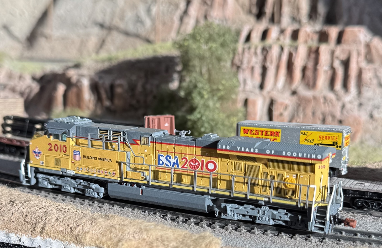 Close-up of a Union Pacific diesel on the main line